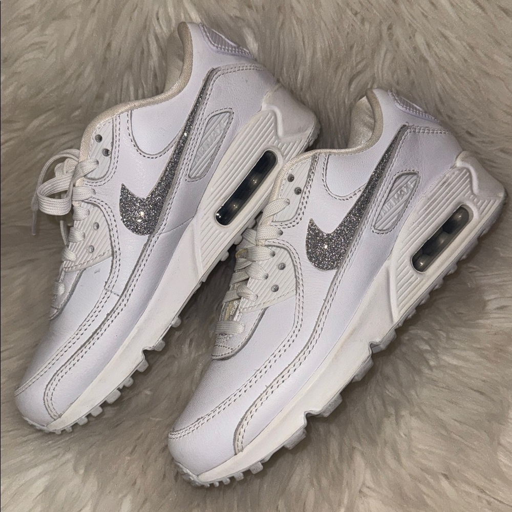 Nike Air Max 90 SE Silver Glitter/White Sneakers Size 5.5 - Picture 3 of 11